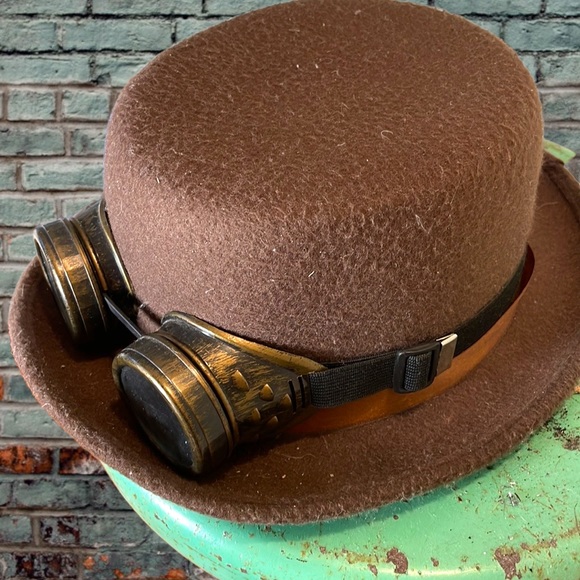Steam Punk felt hat with goggles brown one size Halloween or concert - Picture 3 of 6